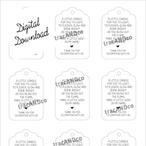 Una pequeña vela para que la enciendas. Etiqueta de oración con deseos para bebés. Página de diseño. Descarga digital. Etiqueta no personalizada.