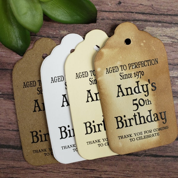 Aged to Perfection Happy Birthday (my SMALL tag)  1 1/8" x 2" Tags Personalized keepsake souvenir party favor 50th 60th 1970