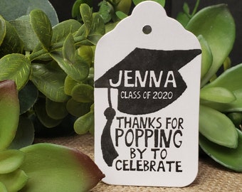 Thanks for Popping by to Celebrate (my MEDIUM) 1 3/8" x 2 1/2" Personalized Graduation Favor Tag choose your amount