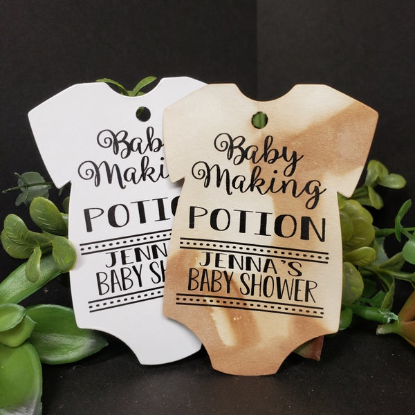 Caution Baby Making Potion (my Large babyshirt Shape tag) 2 1/2" x 3 1/2" Tag Personalize with names or event and date