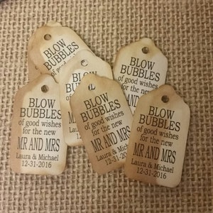 Blow Bubbles of Good Wishes for the new Mr and Mrs 100 EXTRA SMALL 7/8 x 1 5/8 Wedding Bubble Favor Tag image 4