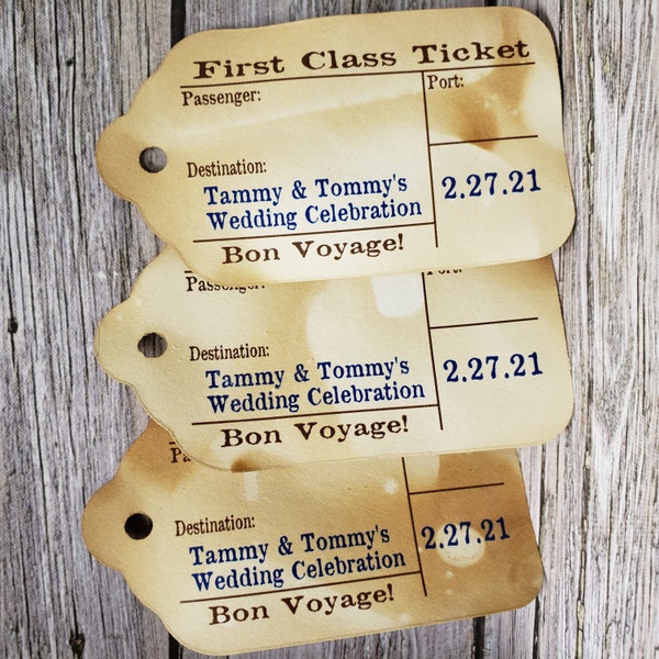 First Class Travel Stub Luggage Style Souvenir Favor Tags (my LARGE tag) 1 3/4" x 3 1/4 inches TiaZoey Tea Stained