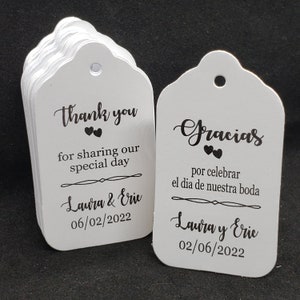 Gracias por celebrar el dia de nuestra boda Thank you for Sharing our Special Day English or Spanish tag (my LARGE Tags) 3 1/4" x 1 3/4"