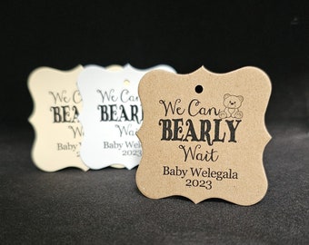 We Can Bearly Wait (my SQUARE tag) 2" x 2"  Personalized Tag TAG ONLY