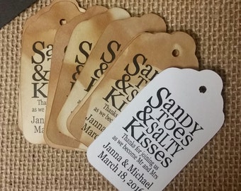 Sandy Toes and Salty Kisses Beach Wedding Theme (my MEDIUM tag) 1 3/8" x 2 1/2" Personalized Wedding Favor Tag  choose your amount