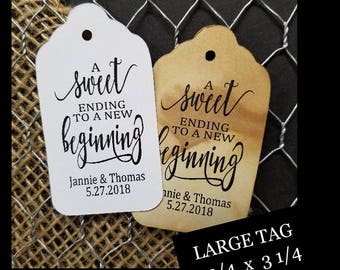 Sweet Ending to a new Beginning favor tag MY LARGE Size Personalized Wedding Graduation Shower Favor Tag CHOOSE your amount