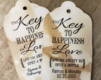 Key to Happiness is Love Bottle opener favor tag LARGE Tags Personalize with names and date Choose your Quantity