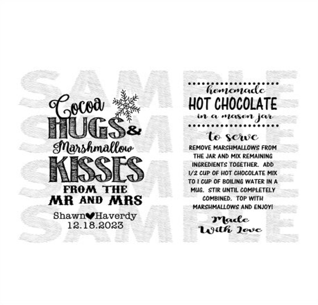 Cocoa Hugs and Marshmallow Kisses From the Mr and Mrs Homemade Etsy
