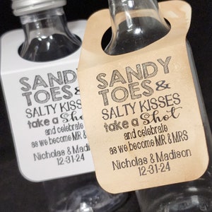 Sandy Toes & Salty Kisses Take a Shot Mr and Mrs (RECTANGLE Tags) 1.5&quot; x 3&quot; Hanging Hole, Travel Theme Wedding, Beach Wedding, tag only