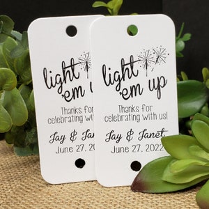 Light em Up Thanks for Celebrating With Us RECTANGLE 1.5&quot; x 3&quot; Personalized Wedding Favor Tag  choose your amount
