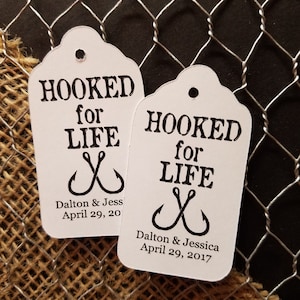 Hooked For Life (my LARGE tag) 1 3/4&quot; x 3 1/4&quot; Personalized Wedding Shower Party Favor Tag  choose your amount