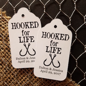 Hooked For Life (my MEDIUM tag) 1 3/8" x 2 1/2" Personalized Wedding Shower Party Favor Tag  choose your amount