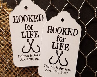 Hooked For Life (étiquette mon MOYENNE) Étiquette de cadeau personnalisée de 1 3/8 po. x 2 1/2 po. de mariage douche, choisissez votre quantité