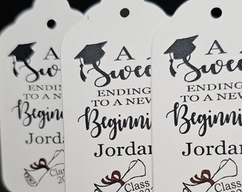 A Sweet Ending to a new Beginning (my LARGE tag) 1 3/4" x 3 1/4" Personalized Graduation class of Favor Tag CHOOSE your amount