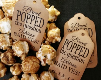 Popped The Question (my MEDIUM tag) 1 3/8&quot; x 2 1/2&quot; Personalized Wedding Engagement Shower Favor Tag choose your amount