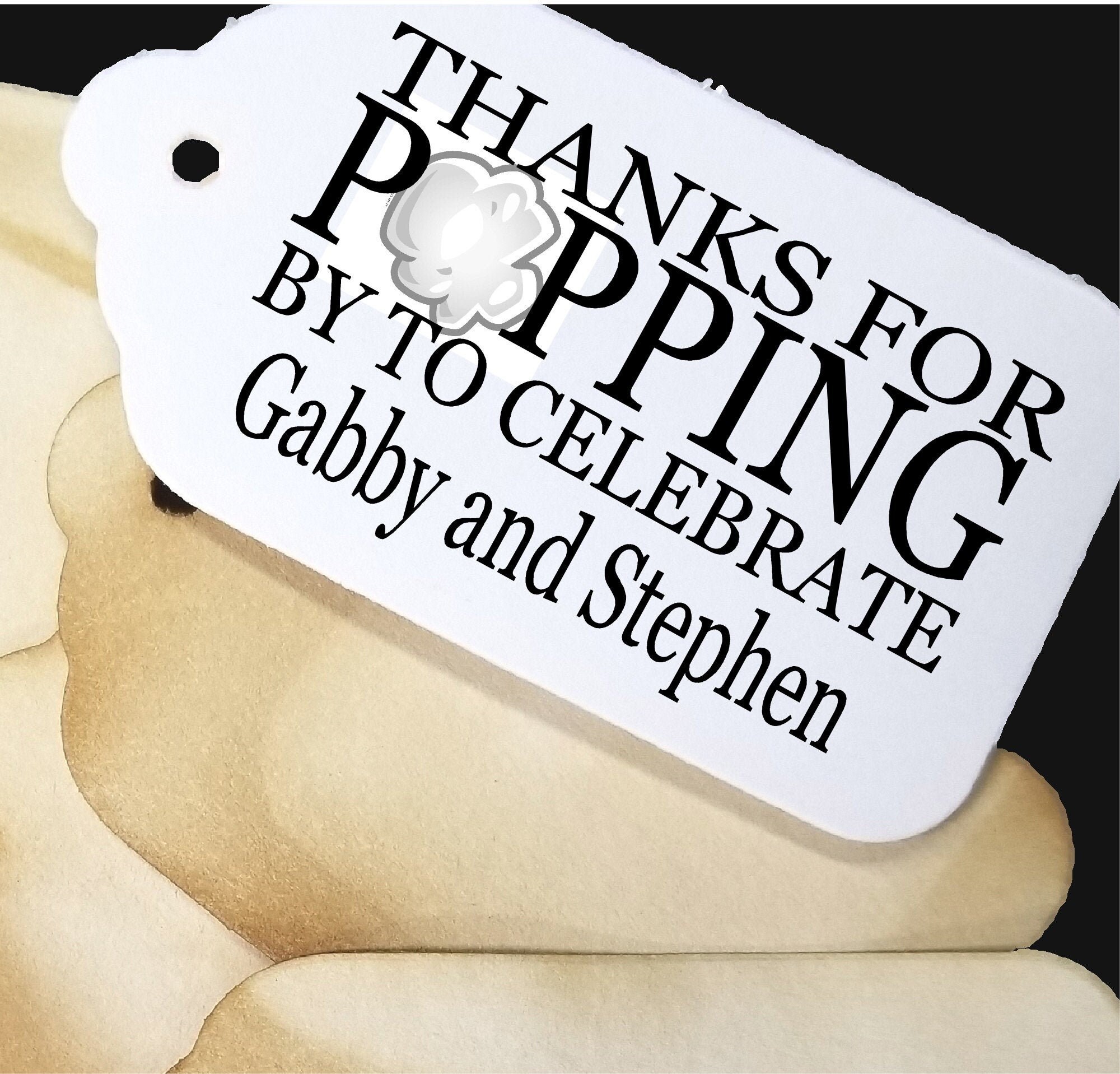 Thanks for Popping by to celebrate with Popcorn clipart (my MEDIUM) 1 3/8" x 2 1/2" Personalized Favor Tag