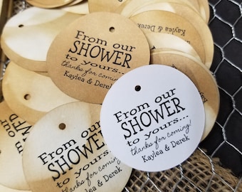 From Our Shower to Yours Personalized Shower Favor 2" ROUND tag choose your amount