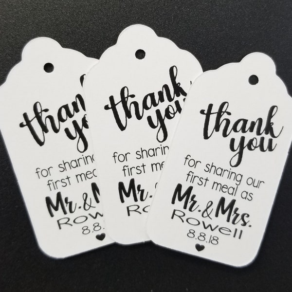 Thank you for Sharing our First Meal as Mr and Mrs (my MEDIUM tag) 1 3/8 x 2 1/2 Personalized Wedding Favor Tag  choose your amount