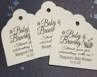 A Baby is Brewing 1 3/8" x 1 5/8" Tags Personalize with names and date Choose your Quantity