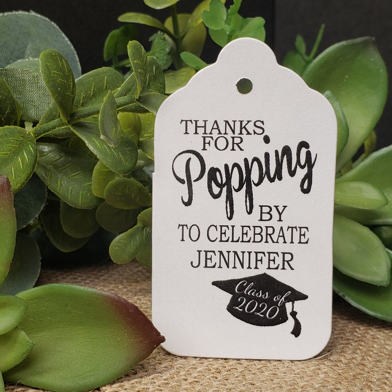 Thanks for Popping by to Celebrate my MEDIUM 1 3/8 x 2 1/2 Personalized Graduation Favor Tag choose your amount image 1