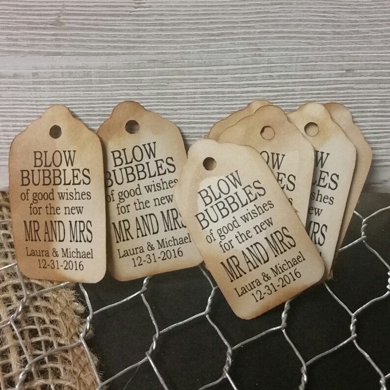 Blow Bubbles of Good Wishes for the new Mr and Mrs 100 EXTRA SMALL 7/8 x 1 5/8 Wedding Bubble Favor Tag image 3