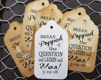 Popped The Question (my MEDIUM tag)1 3/8" x 2 1/2" Personalized Wedding Engagement  Shower Favor Tag choose your amount