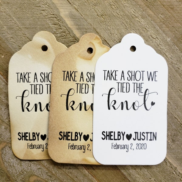 Take A Shot We Tied the Knot (my MEDIUM tag) 1 3/8" x 2 1/2" Personalized Wedding Favor click options for quantity