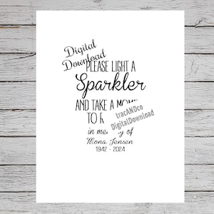 Puede incluir: Señal imprimible descargable digitalmente con el texto "Descarga digital Por favor, enciende una chispa y tómate un momento para recordar en mí, Mona Jensen 1942-2024".