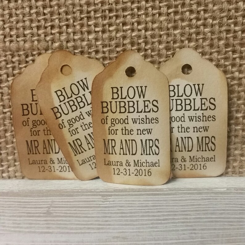 Blow Bubbles of Good Wishes for the new Mr and Mrs 100 EXTRA SMALL 7/8 x 1 5/8 Wedding Bubble Favor Tag image 1