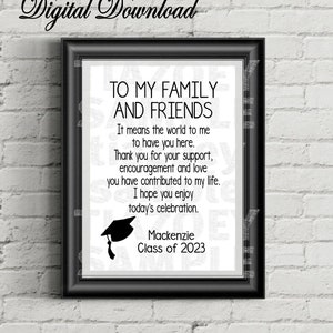 To My Family and Friends Thank you Graduation Digital Download Sign