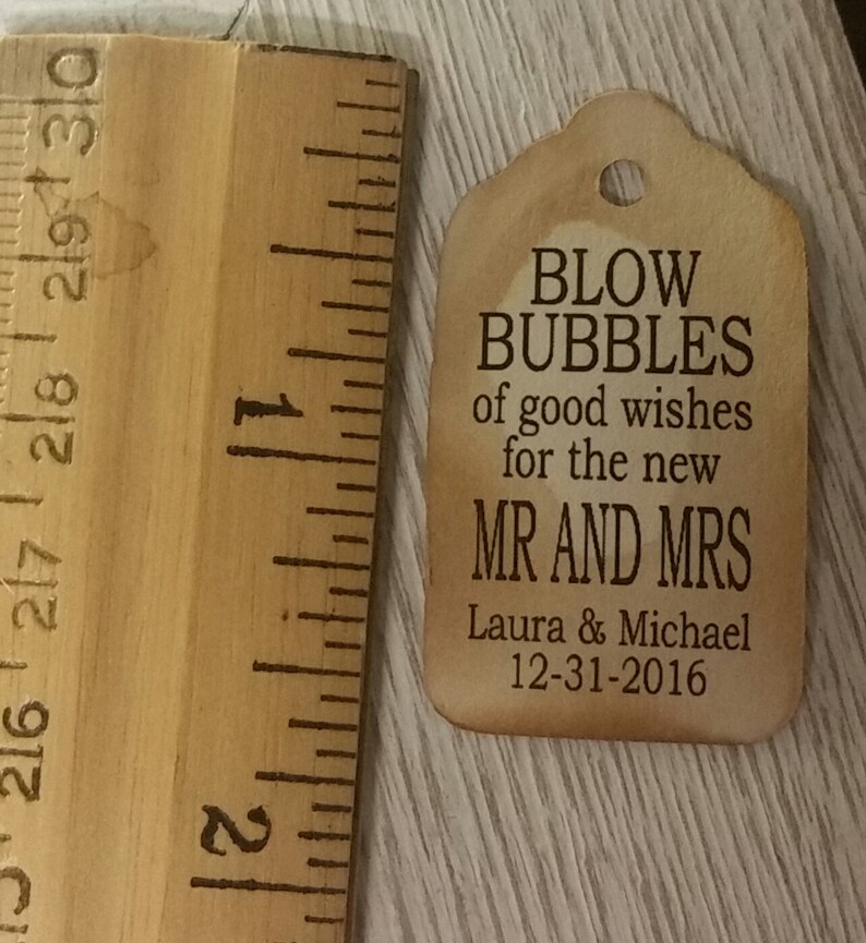 Blow Bubbles of Good Wishes for the new Mr and Mrs 100 EXTRA SMALL 7/8 x 1 5/8 Wedding Bubble Favor Tag image 2