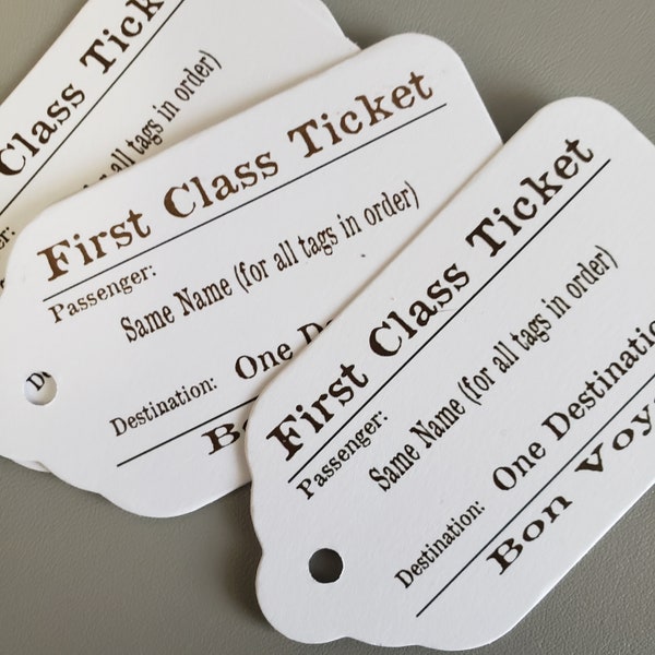 Personalized First Class Travel Stub Luggage Style Souvenir Favor Tags (my LARGE tag) 1 3/4" x 3 1/4 inches same name-destination on all