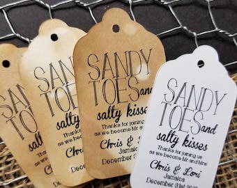 Sandy Toes and Salty Kisses Beach Wedding Theme (my MEDIUM tag)  1 3/8" x 2 1/2" Personalized Wedding Favor Tag  choose your amount