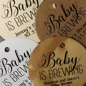 A Baby is Brewing Personalized 1.5inch ROUND tag choose your amount Wedding Anniversary Keepsake souvenir Favor tag card