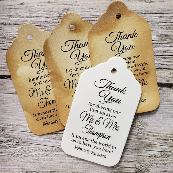 Thank you for Sharing our First Meal as Mr and Mrs (my MEDIUM tag) 1 3/8" x 2 1/2" Personalized Wedding Favor Tag Souvenir Husband and Wife