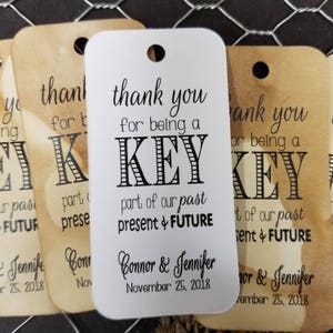 Thank you for Being a Key Part of our Past Present and Future 1.5&quot; x 3&quot; RECTANGLE Personalized Wedding Favor Tag  choose your amount