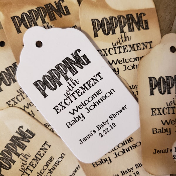 Popping with Excitement Welcome Baby (my MEDIUM tag) 1 3/8" x 2 1/2" Personalized Shower Favor Tag choose your amount