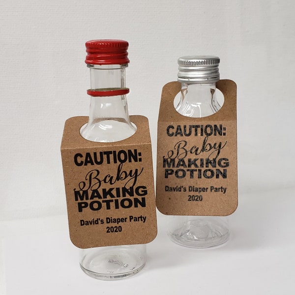 Caution Baby Making Potion (RECTANGLE Tags) 1.5" x 3" With 1" Hanging Hole, Personalize with names, Shower favor tag, bottle tag, tag only