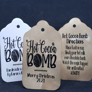 Personalized Hot Cocoa Bomb with Directions on the Backside (my MEDIUM Double Sided tag) 1 3/8&quot; x 2 1/2&quot; Tags Personalize