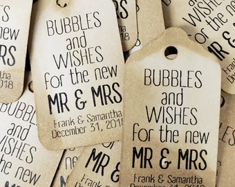 Bubbles and Wishes for the new Mr and Mrs EXTRA SMALL 7/8 x 1 5/8 Wedding Bubble Favor Tag