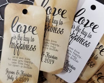 Love is the Key to Happiness bottle opener favor tag RECTANGLE Tags Personalize with names and date Choose your Quantity