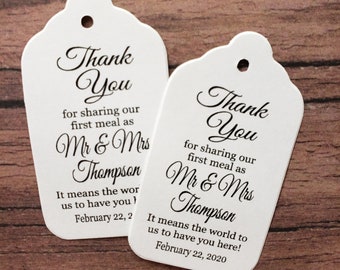 Thank you for Sharing our First Meal as Mr and Mrs (my MEDIUM tag) 1 3/8" x 2 1/2" Personalized Wedding Favor Tag Souvenir Husband and Wife