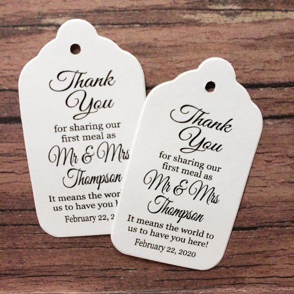 Thank you for Sharing our First Meal as Mr and Mrs (my MEDIUM tag) 1 3/8" x 2 1/2" Personalized Wedding Favor Tag Souvenir Husband and Wife