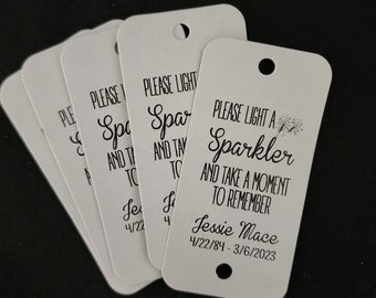 Please Light A Sparkler and Take A Moment to Remember RECTANGLE 1.5" x 3" Personalized Memorial tag, in memory of,  SPARKLER tag
