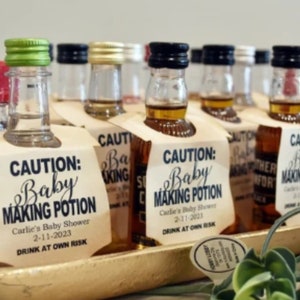 Caution Baby Making Potion (my Large Onesie Shape tag) 2 1/2&quot; x 3 1/2&quot; With Hang Over Bottle Cutout Personalize with names or event and date