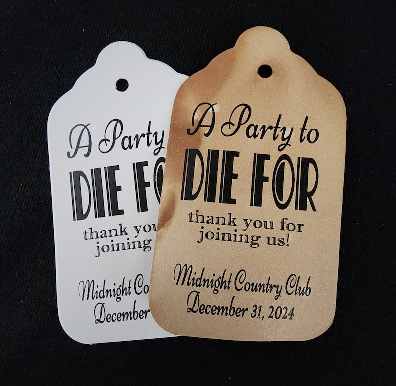 A Party to Die For my SMALL, MEDIUM, LARGE Favor Tag, Gatsby 1920s, murder mystery, thank you for joining us image 1