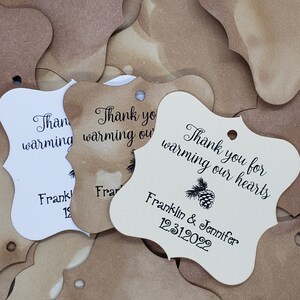 Thank You for Warming our Hearts (my SQUARE tag) 2&quot; x 2&quot;  Personalized Wedding Shower Tag Pinecone Favor Tag TAG ONLY