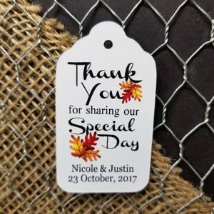 Thank you for Sharing our Special Day Autumn Leaves Fall Wedding MEDIUM Personalized Wedding Favor Tag  choose your amount