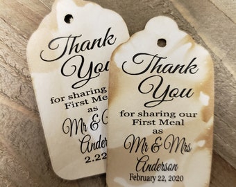 Thank you for Sharing our First Meal (my LARGE Tag) 1 3/4" x 3 1/4" Personalize with names and date choose your quantity