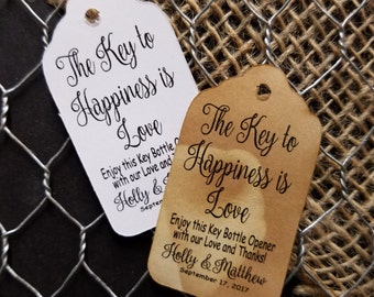 Key to Happiness is Love bottle opener love and thanks (my SMALL tag) 1 1/8" x 2" Favor Tag Key Bottle opener not included